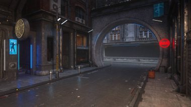 Dark grungy futuristic urban street in a seedy cyberpunk city. 3D rendering.