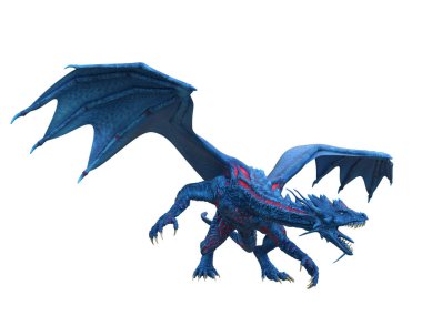 Fantasy blue dragon standing in aggressive pose with wings raised and mouth open. Isolated 3D illustration.