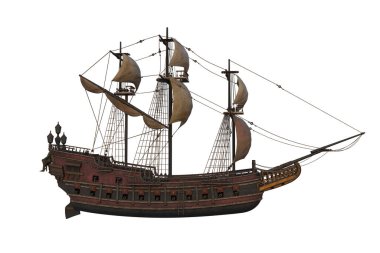 Old wooden pirate sailing ship viewed from starboard side. Isolated 3D rendering. 