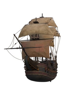 Historic wooden tall ship with wind in the sails. Isolated 3D illustration viewed from the front.