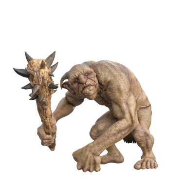 Fantasy Troll monster from Scandinavian mythology holding a wooden club weapon. Isolated 3D rendering.