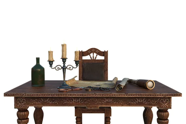 Pirate captains table with treasure map, candles and bottle of rum. Isolated 3D rendering.