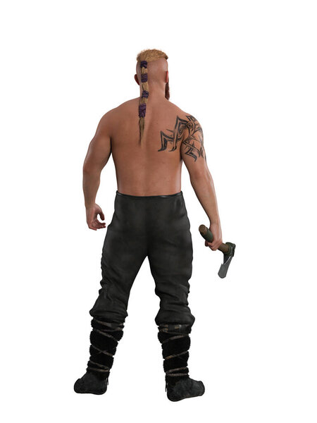 Viking warrior man standing with axe in hand facing away from the camera. Isolated 3D rendering.
