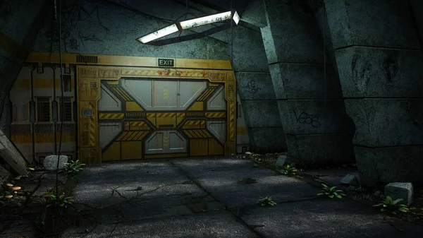 Grungy Futurista Cyberpunk Túnel Subterráneo Con Gran Puerta Cerrada Renderizado — Foto de Stock
