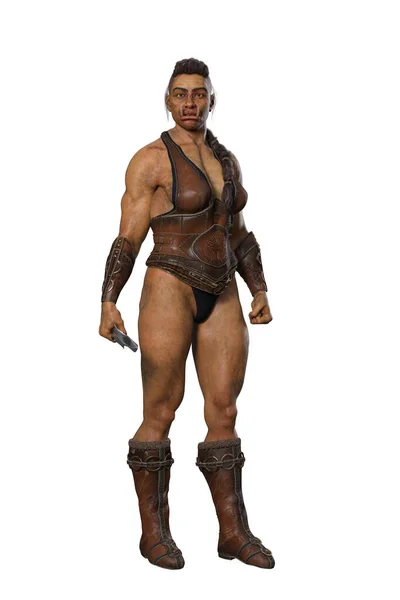 幻想中的女兽人战士站在那里 一手拿着匕首 孤立的3D渲染 — 图库照片