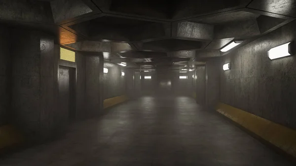 黑暗多愁善感的科幻小说内部走廊 3D插图 — 图库照片