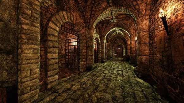 Eski bir ortaçağ zindan tüneli, bir dizi hapishane hücresi, meşale alevi ile aydınlatılıyor. 3B görüntüleme.