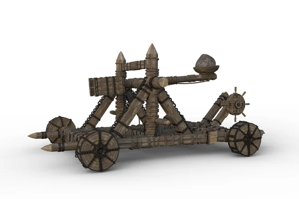 中世纪的弹弓武器 由带有轮子的木头制成 3D渲染隔离 — 图库照片