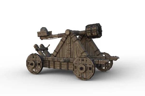 中世纪木制弹射武器在轮子上 孤立的3D插图 — 图库照片