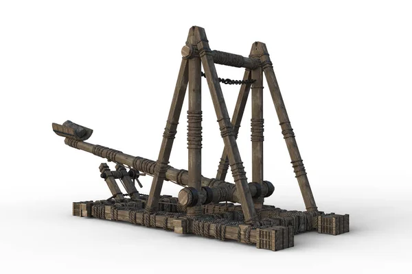 Large Wooden Medieval Catapult Weapon Loaded Rocks Isolated Rendering — Stock Photo, Image