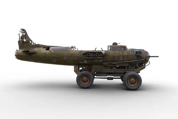 后启示录反乌托邦的未来卡车由一架旧的战争飞机残骸 孤立的3D渲染 — 图库照片