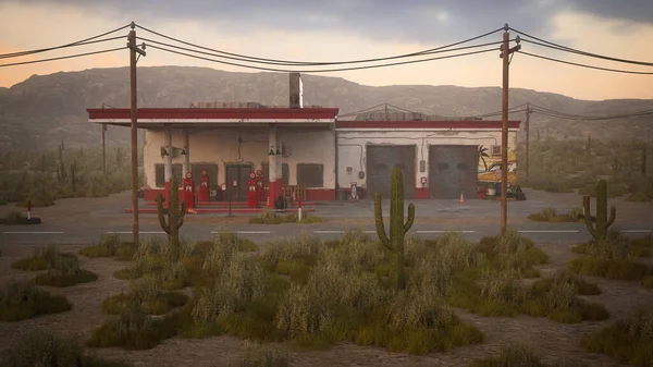 Estación Servicio Remota Rodeada Hierba Seca Del Desierto Plantas Cactus — Foto de Stock