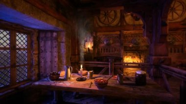 Atmosferik ortaçağ tavernası geceleri yemek masasında titreyen mum alevi ve arka planda yanan ateşle..