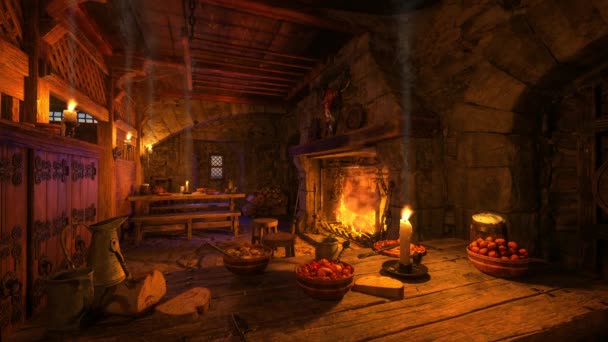 Animación Acogedor Interior Taberna Medieval Con Fuego Ardiendo Chimenea Detrás — Vídeos de Stock