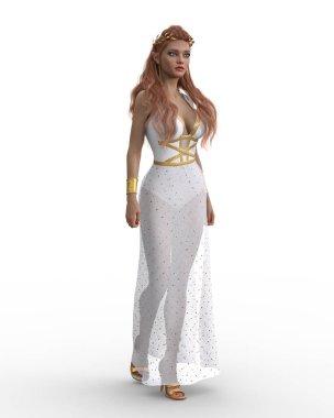 Uzun beyaz elbiseli güzel kızıl saçlı elf prensesi. 3B görüntüleme izole edildi.