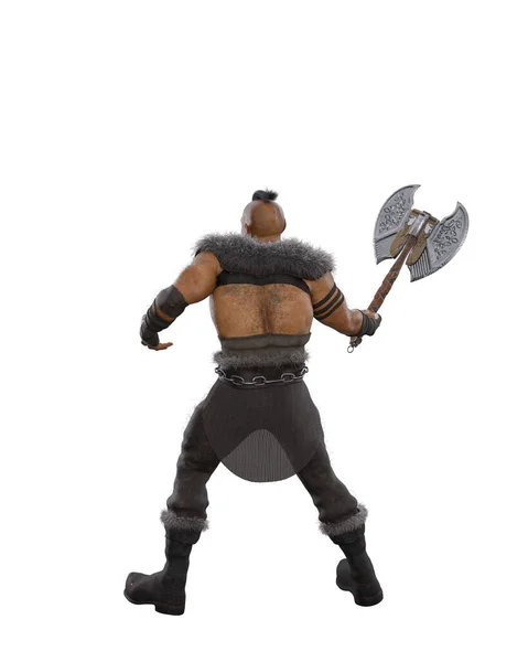 幻想兽人战士头戴双头斧头 面对镜头 孤立的3D插图 — 图库照片