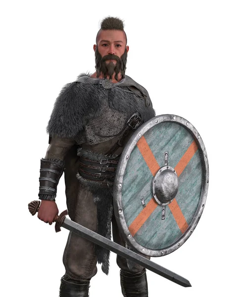 维京战士留着胡子 拿着剑和盾牌站在那里准备战斗 孤立的3D渲染 — 图库照片