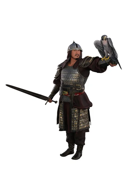 历史上蒙古征服者成吉思汗站在盔甲上 右手拿着剑 左手拿着猎鹰鸟 孤立的3D插图 — 图库照片