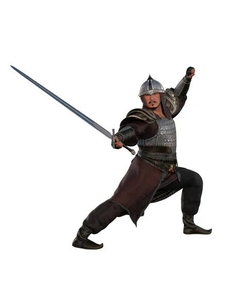 历史上的蒙古战士身穿盔甲与剑并肩作战 孤立的3D渲染 — 图库照片
