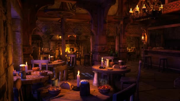 キャンドルライトで照らされたテーブルの上で夕食と居心地の良い雰囲気の中世の旅館 3Dアニメーション — ストック動画