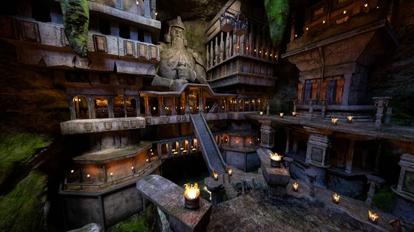 山の下の大きな洞窟の中のファンタジードワーフ鉱山 3Dイラスト — ストック写真