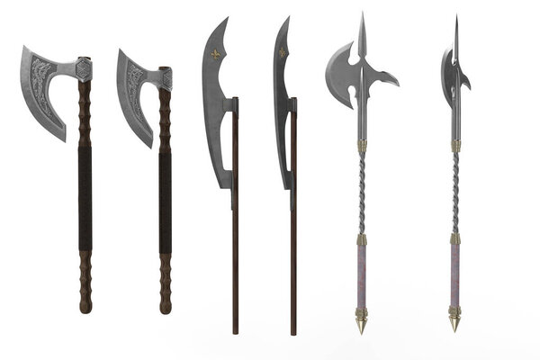 Collection of fantasy medieval axe weapons. 3D illustration isolated.