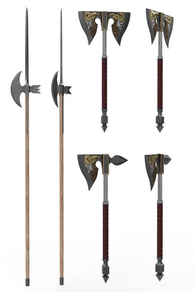 Collection of fantasy medieval axe weapons. 3D rendering isolated.