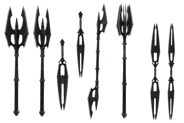 一套幻想的中世纪斧头和剑武器 孤立的3D插图 — 图库照片