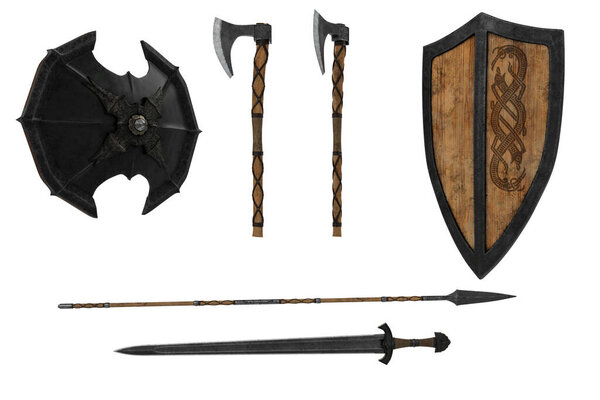 Set of medieval fantasy weapons with sword, axe, spear and shields, Isolated 3D rendering.