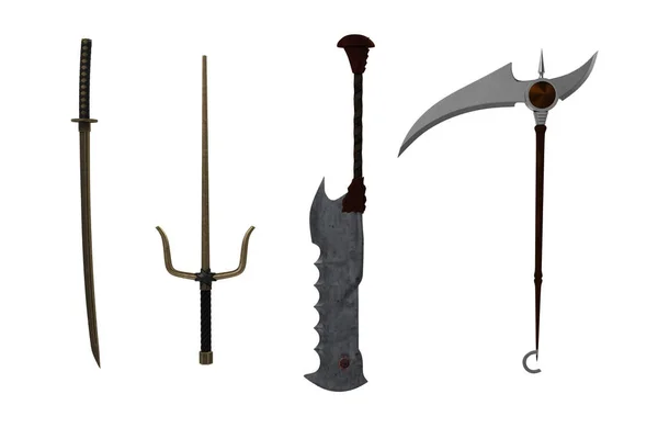 Set Fantasy Sword Axe Scythe Weapons Rendeing Isolated — Stock Photo, Image