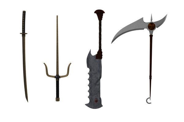 Set of fantasy sword, axe and scythe weapons. 3D rendeing isolated.
