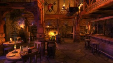 Eski bir ortaçağ tavernasında, titreyen mum alevleri ve yanan ateşlerle dolu bir barda atmosferik bir bar..