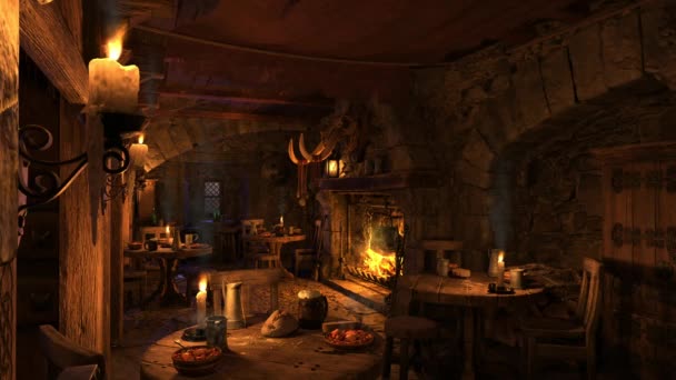 Donkere Humeurige Middeleeuwse Taverne Interieur Nachts Met Flikkerende Kaarsen Vlammen — Stockvideo