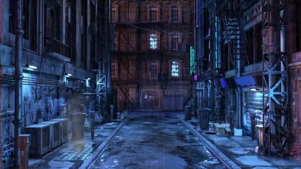 Mörk Seedy Futuristisk Cyberpunk Stad Urban Bakgata Gränd Natten — Stockvideo