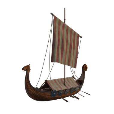 Geminin pruvasına ejderha kafası oyulmuş Viking ahşap teknesi. İzole edilmiş 3B görüntüleme.
