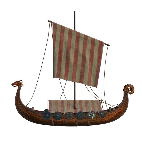 Viking wooden long boat with a dragon head carving on the bow viewed from the port side. Isolated 3D rendering.