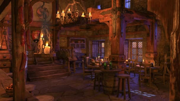 Candlelit Μεσαιωνικό Πανδοχείο Μπαρ Τραπέζια Από Φαγητό Και Ποτό Βράδυ — Αρχείο Βίντεο