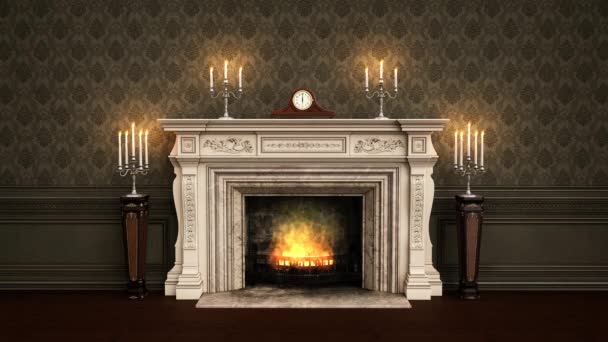 Victorian Vintage Fireplace Burning Fire Candles Mantlepiece Animation — Stock Video