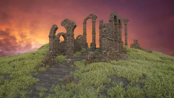 Ruinas Medievales Góticas Una Colina Con Cielo Atardecer Detrás Ilustración — Foto de Stock