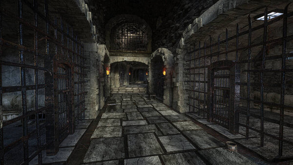 Medieval castle tunnel with dungeon cells lit by torch flame. 3D illustration.