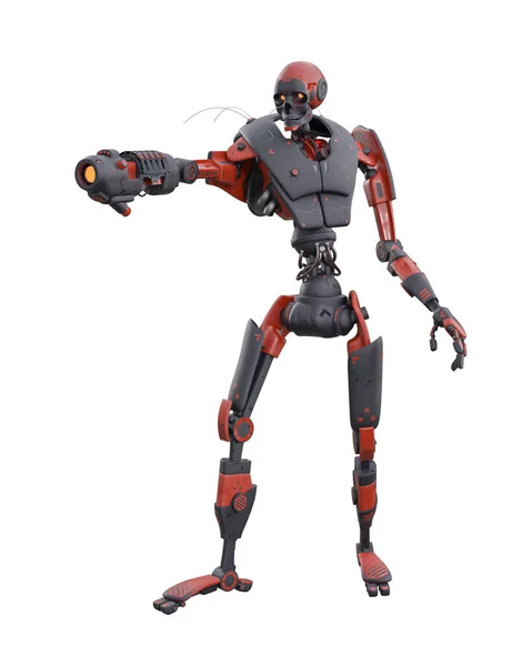 Fantasía Futuro Soldado Bot Con Arma Incorporada Brazo Derecho Apuntando —  Fotos de Stock