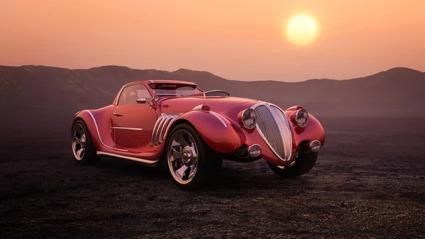 stock image 3D rendering of a fantasy red sports car on dry cracked mud ground in a desert at sunset.