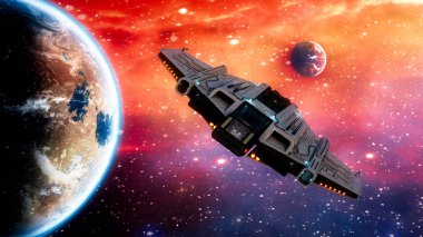 Gelecekteki fantezi bilim kurgu uzay gemisi turuncu nebula ve arka planda yıldızlar olan bir gezegenin yanından geçiyor. 3B illüstrasyon.