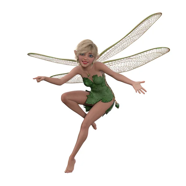 Cute Fairy Przezroczyste Skrzydła Latające Zielonej Sukience Izolowana Ilustracja — Zdjęcie stockowe