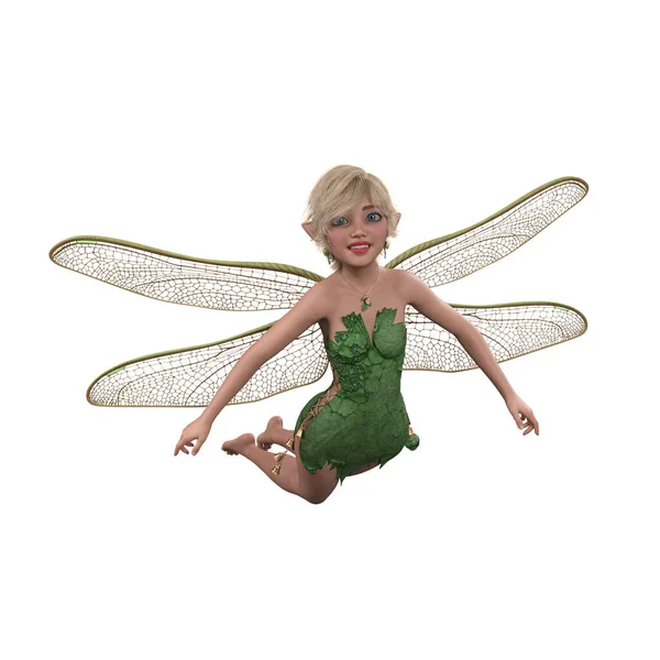 Cute Fairy Dziewczyna Blond Włosami Noszenie Zielonej Sukienki Latanie Skrzydłami — Zdjęcie stockowe