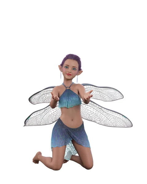 Cute Little Fairy Girl Niebieskim Stroju Klęcząc Rąk Wyciągniętych Izolowana — Zdjęcie stockowe