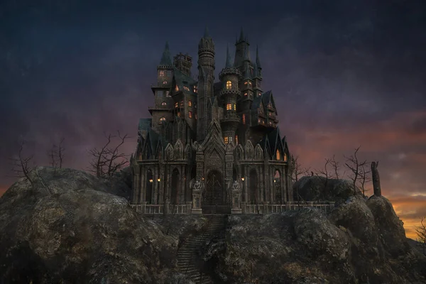 Dark fantasy mysterious gothic vampire castle on a misty mountain after sunset. 3D illustration.