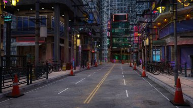 Gece vakti Cyberpunk şehri caddesi. Anime arkaplan 3D illüstrasyon.