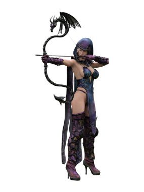 Fantezi elf okçu kadın bir ejderha oymasıyla yayından ok atıyor. İzole edilmiş 3B görüntüleme.