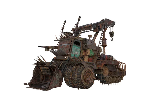 Fantasy post apocalypse wasteland vehicle with machine gun. Isolated 3D rendering.